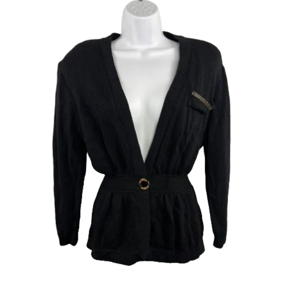 St. John for Saks Fifth Avenue Black Knit Wool Cardigan Gold Hardware Size 8/ M